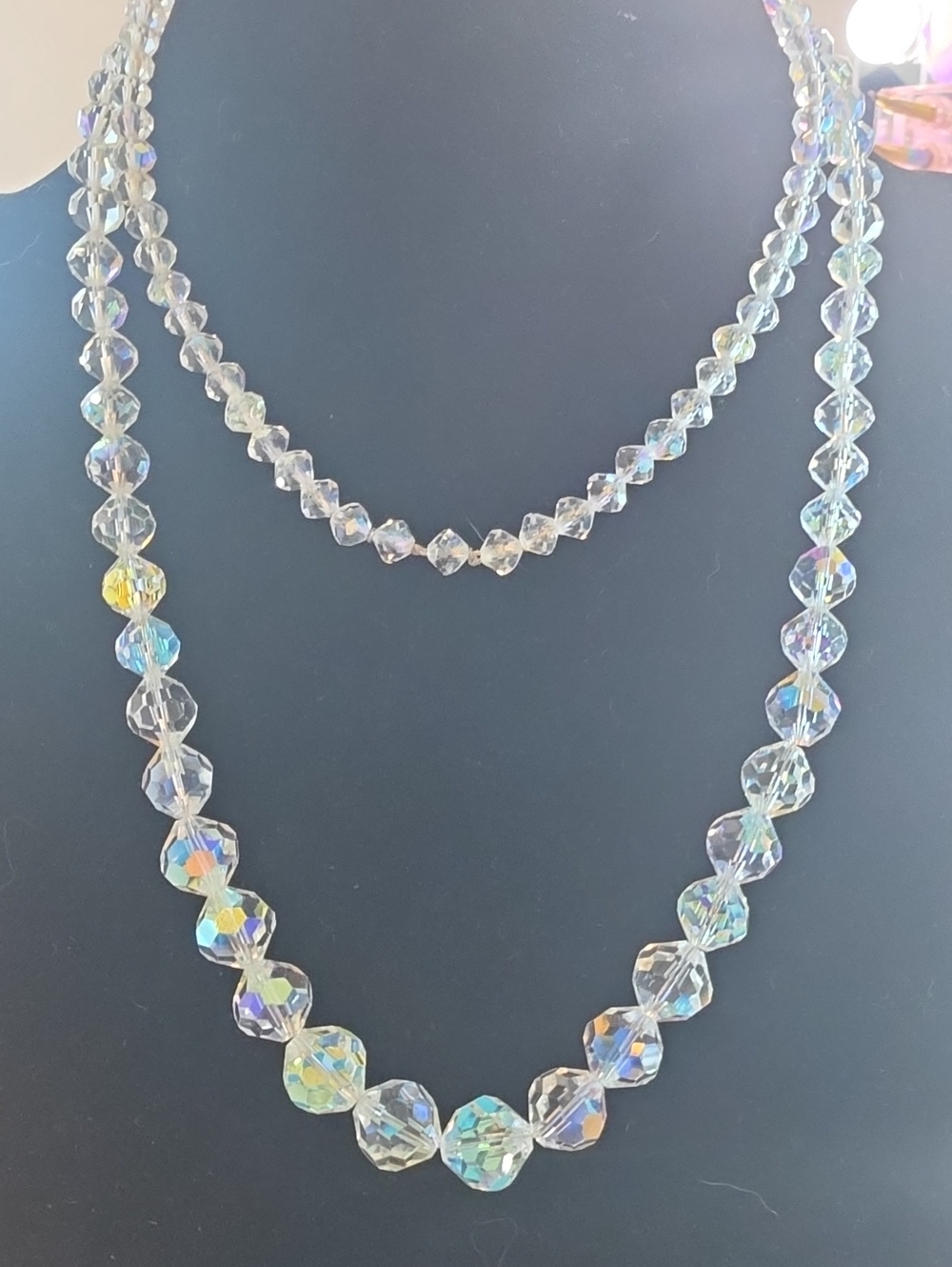Aurora Borealis Crystal Bead Necklace Vintage - Graduated, Slip Over